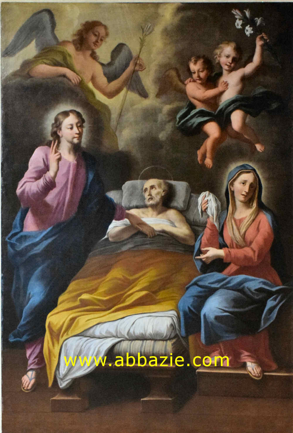 Beata Vergine Maria con Gesu accanto a San Giuseppe sul letto di morte